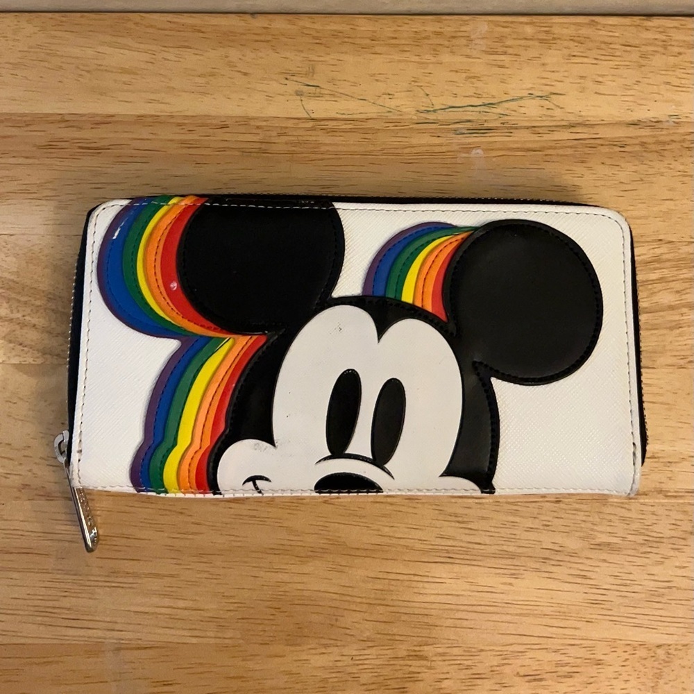 Loungefly Disney Mickey Mouse Pastel Rainbow leather zip-around wallet in white.